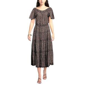 The Great A Line Dress Womens Sz 3 Multi Floral Pleated Ruffle Trim Off Shoulder